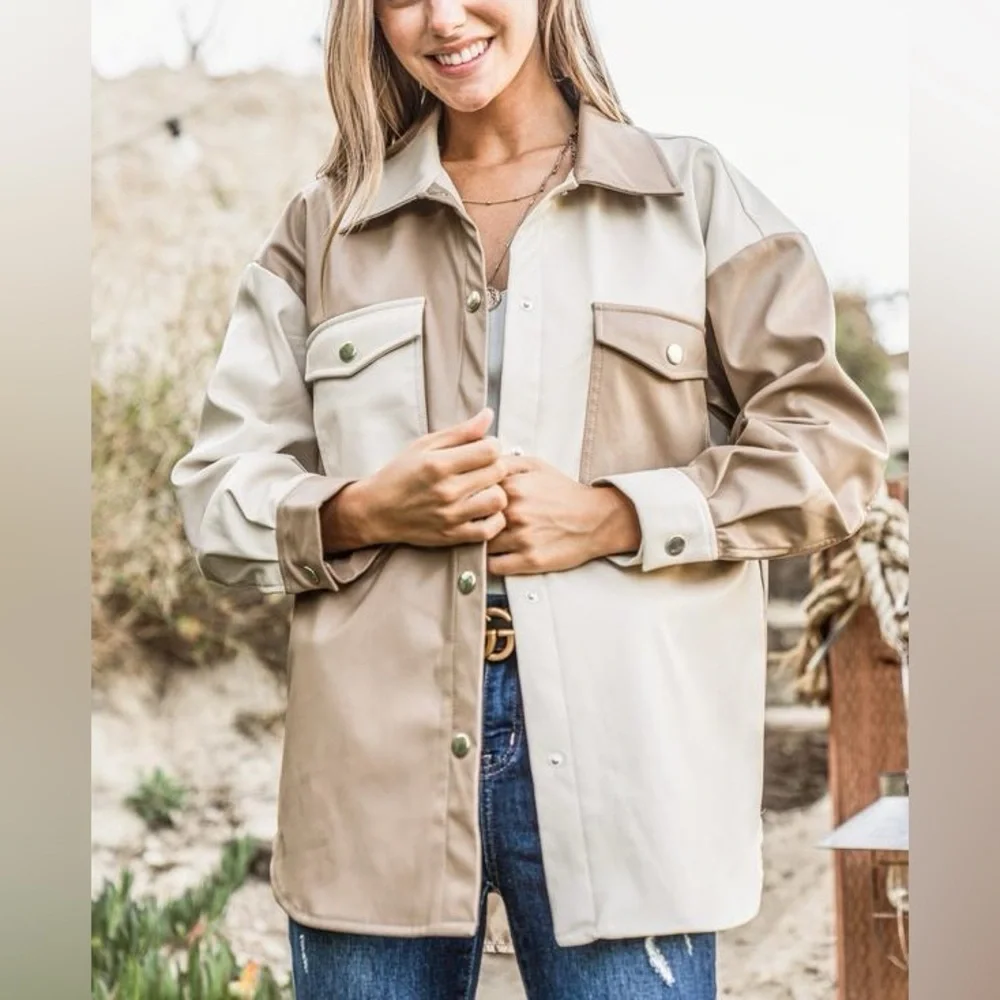 NWT AndTheWhy Women's Colorblock Faux Leather Oversized Shacket Small